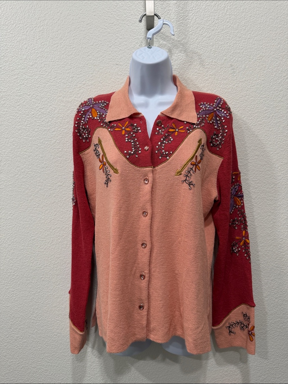 DOUBLE D RANCH- Peach & Wine Embellished Button-Down Top SIZE L